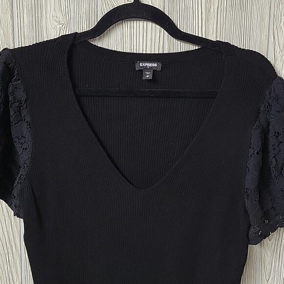 Express Black Lace Puff Sleeve V Neck  Sweater Top Womens Size Medium - Picture 2 of 8